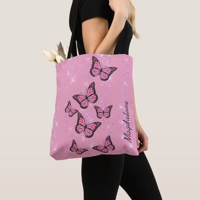 butterflies on pink simulated glitter tote bag (Close Up)