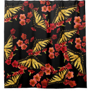 Butterflies on Red Flowers Shower Curtain