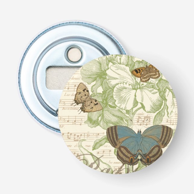 Butterflies on Sheet Music with Floral Design Bottle Opener (Front)