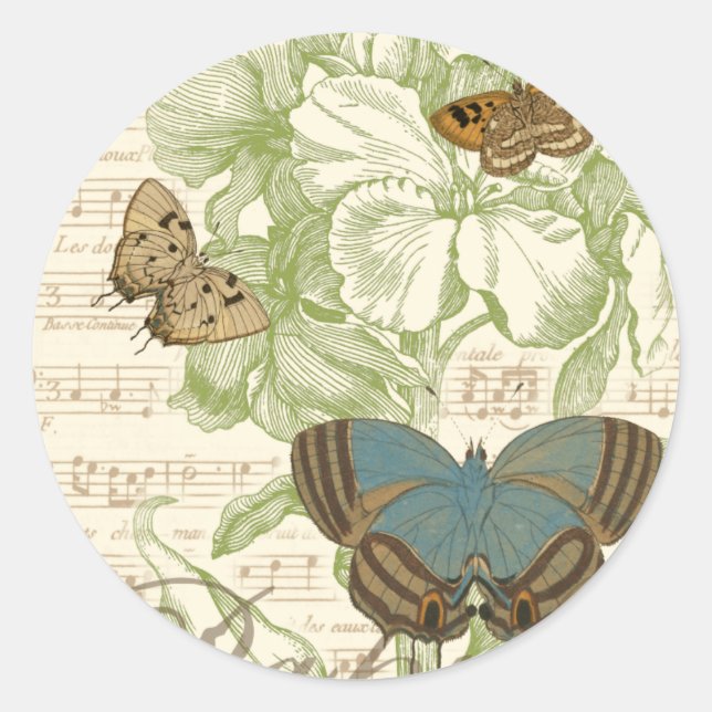 Butterflies on Sheet Music with Floral Design Classic Round Sticker (Front)