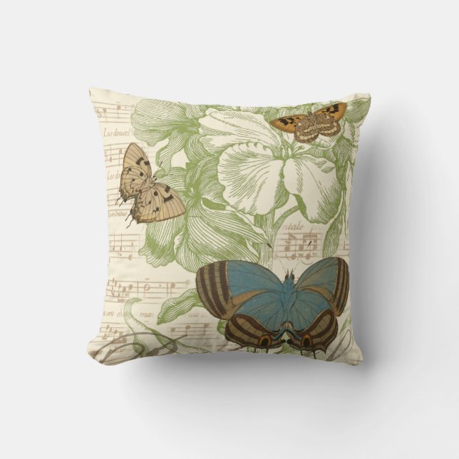 Butterflies on Sheet Music with Floral Design Cushion (Front)