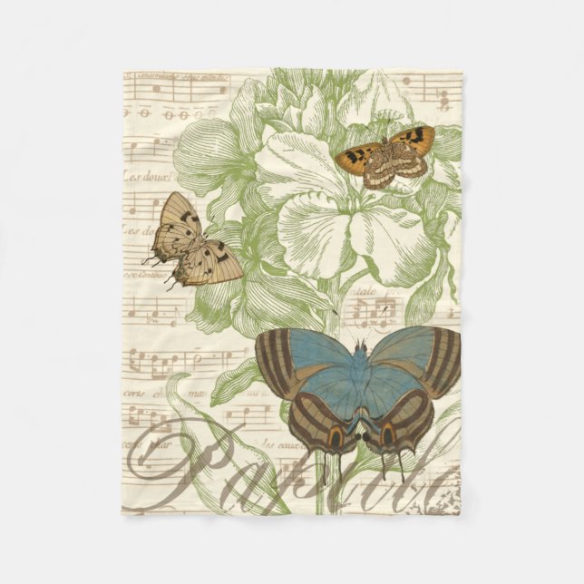 Butterflies on Sheet Music with Floral Design Fleece Blanket (Front)