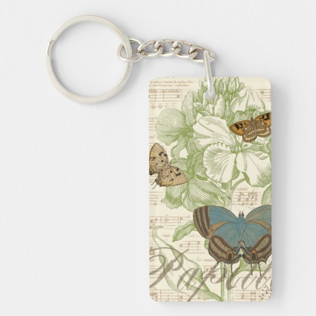 Butterflies on Sheet Music with Floral Design Key Ring (Front)
