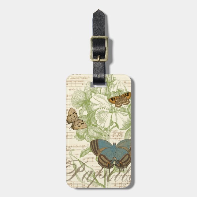 Butterflies on Sheet Music with Floral Design Luggage Tag (Front Vertical)