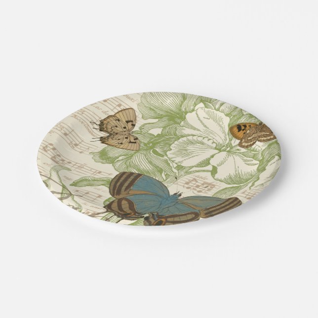 Butterflies on Sheet Music with Floral Design Paper Plate (Angled)