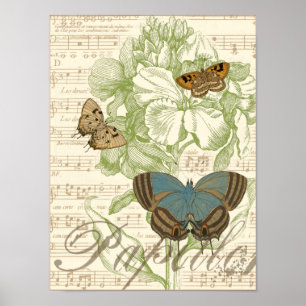 Butterflies on Sheet Music with Floral Design Poster