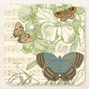Butterflies on Sheet Music with Floral Design Square Paper Coaster