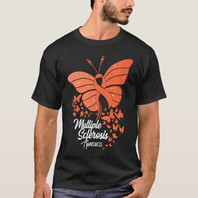 Butterflies & Orange Ribbon Multiple Sclerosis Awa T-Shirt (Front)