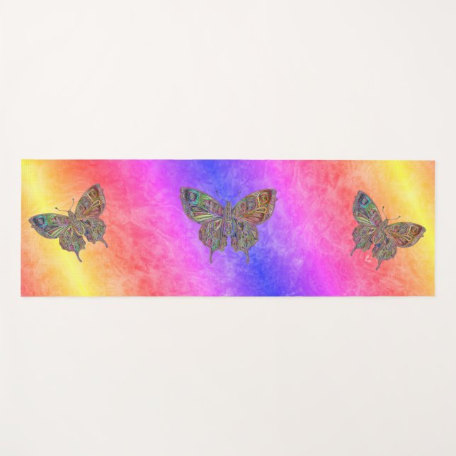 Butterflies Pastel Rainbow Stripes Yoga Mat (Front (Horizontal))