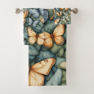 Butterflies Pattern Blue Green Yellow Shades Bath Towel Set