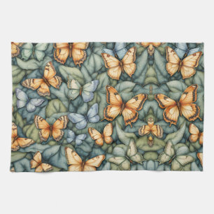Butterflies Pattern Blue Green Yellow Shades Tea Towel