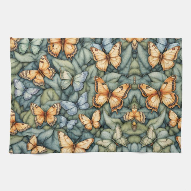 Butterflies Pattern Blue Green Yellow Shades  Tea Towel (Horizontal)