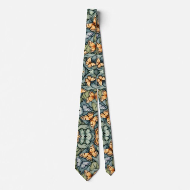 Butterflies Pattern Blue Green Yellow Shades  Tie (Front)
