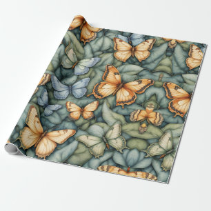 Butterflies Pattern Blue Green Yellow Shades Wrapping Paper