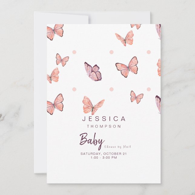 Butterflies Peach & White Baby Shower By Mail  Invitation (Front)