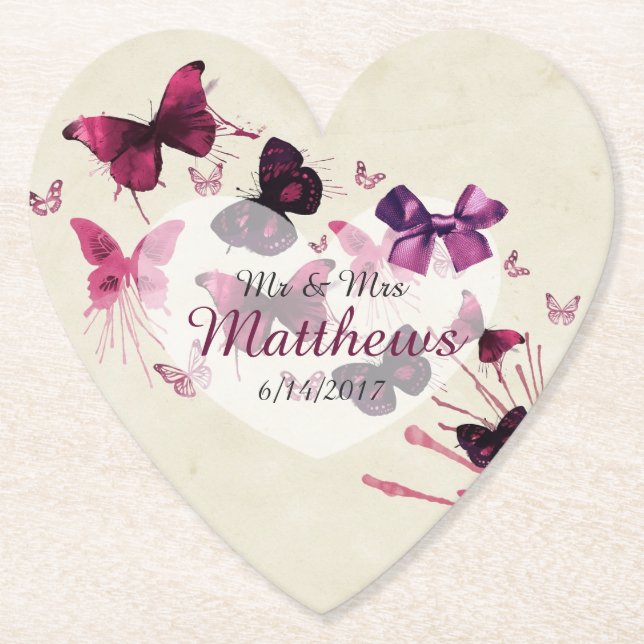 Butterflies Personalised Wedding Heart Coasters (Front)