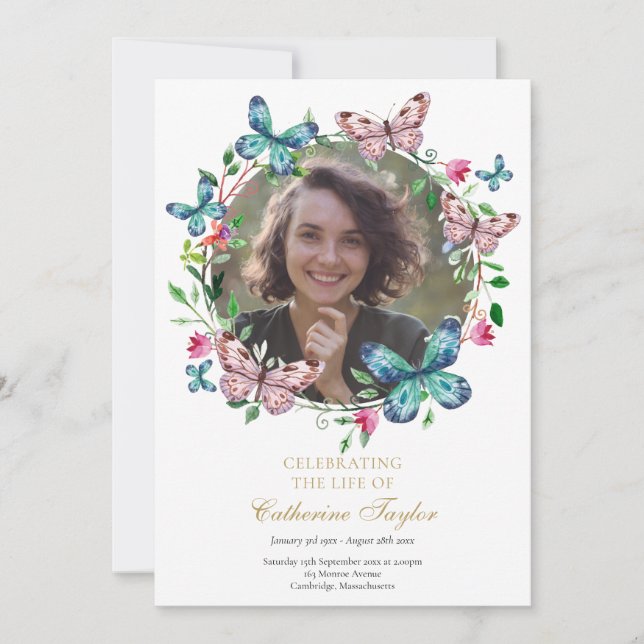 Butterflies Photo Funeral Order Of Service Program Invitation (Front)