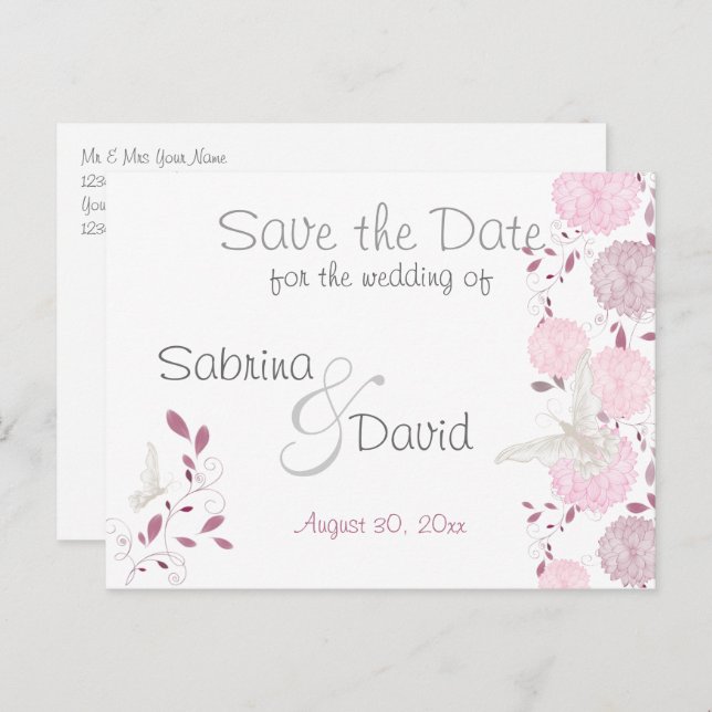 Butterflies & Pink Chrysanthemum Save the Date Announcement Postcard (Front/Back)