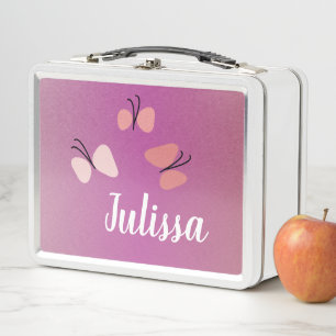 Butterflies Pink Faux Glitter Name Metal Lunch Box