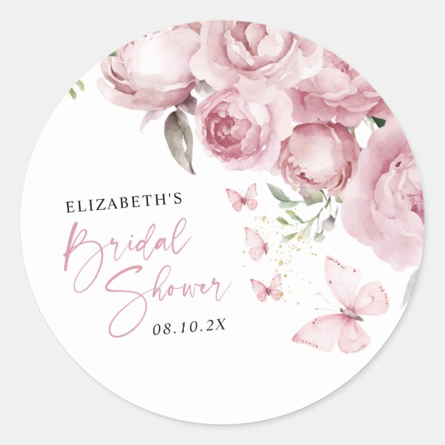 Butterflies Pink Floral Bridal Shower Classic Round Sticker (Front)