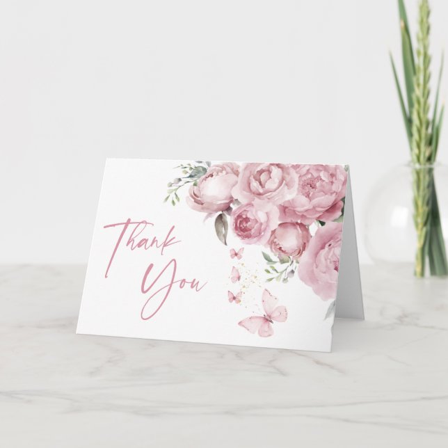Butterflies Pink Floral Bridal Shower Thank You Card (Front)