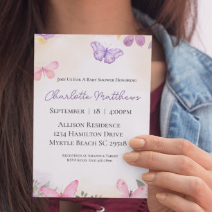 Butterflies Pink Purple Girls Baby Shower Invitation
