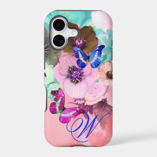 BUTTERFLIES,PINK TEAL ROSES AND ANEMONE FLOWERS
