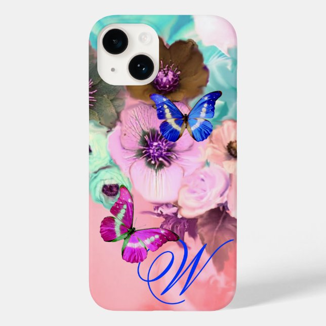 BUTTERFLIES,PINK TEAL ROSES AND ANEMONE FLOWERS Case-Mate iPhone CASE (Back)