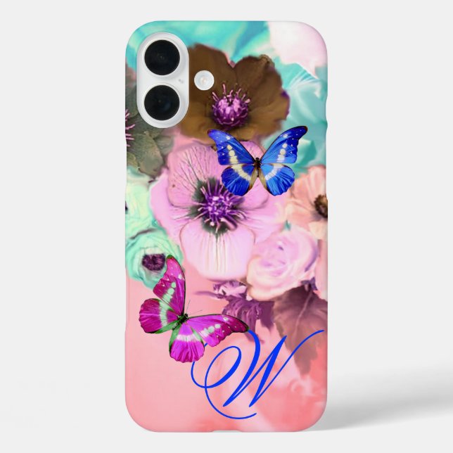 BUTTERFLIES,PINK TEAL ROSES AND ANEMONE FLOWERS Case-Mate iPhone CASE (Back)