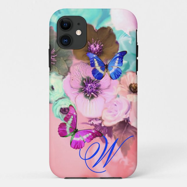BUTTERFLIES,PINK TEAL ROSES AND ANEMONE FLOWERS Case-Mate iPhone CASE (Back)