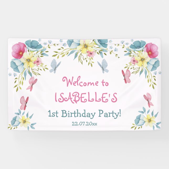 Butterflies Pink Watercolor Florals Birthday Banner (Horizontal)