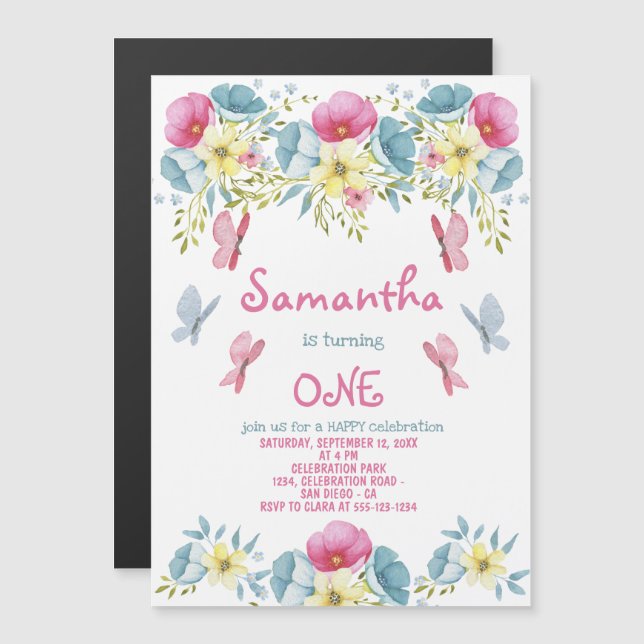 Butterflies Pink Watercolor Florals Birthday Magnetic Invitation (Front/Back)