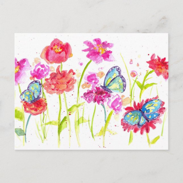 Butterflies Pink Watercolor Wildflowers Postcard (Front)
