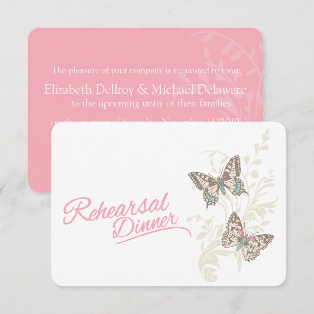 Butterflies pink wedding rehearsal dinner invite (Front/Back)