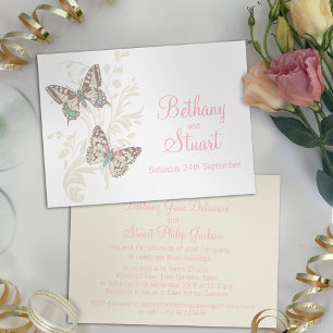 Butterflies pink white cream wedding invitation