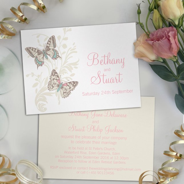 Butterflies pink white cream wedding invitation (Creator Uploaded)