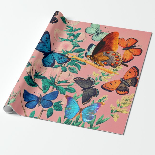 BUTTERFLIES PINK WRAPPING PAPER (Unrolled)