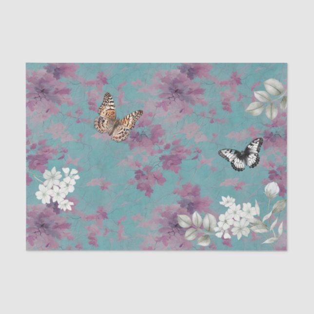 Butterflies, Purple and White on Blue Decoupage   Tissue Paper (Front)