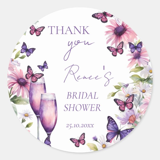 Butterflies purple bridal shower favour  classic round sticker (Front)