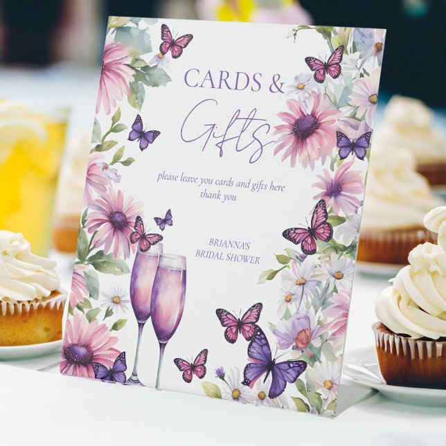 Butterflies purple bridal shower gifts pedestal sign (Lifetime of Butterflies purple pink daisies bridal shower gifts and cards pedestal sign template)