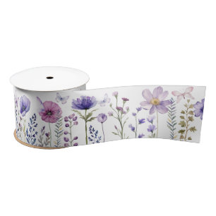 Butterflies & Purple Watercolor Wildflower Garden Satin Ribbon