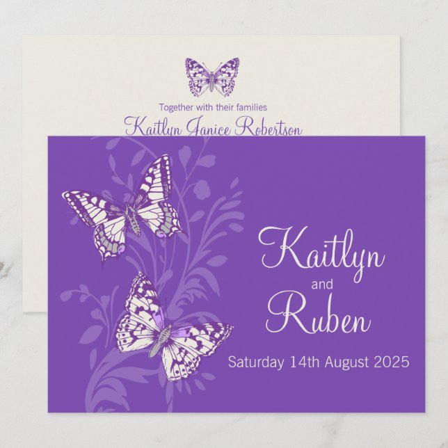 Butterflies purple white cream wedding invitation (Front/Back)