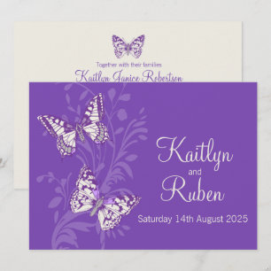 Butterflies purple white cream wedding invitation