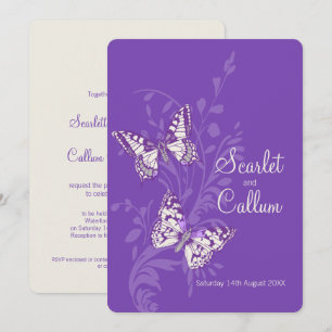 Butterflies purple white cream wedding invitations
