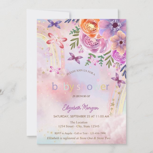  Butterflies Rainbow Floral Baby Shower Invitation (Front)