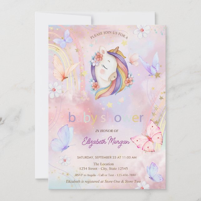 Butterflies Rainbow Floral Unicorn Baby Shower Invitation (Front)