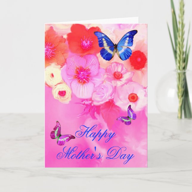 BUTTERFLIES,RED PINK ROSES AND ANEMONE FLOWERS CARD (Front)