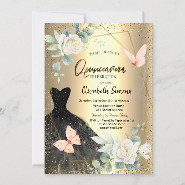 Butterflies Roses Black Dress Quinceañera Invitation (Front)
