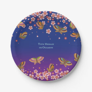 Butterflies Sakura Blossoms Blue Personalised Paper Plate