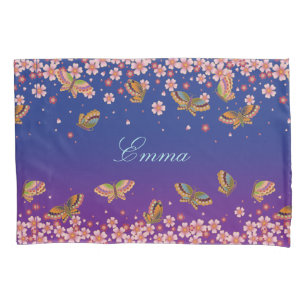 Butterflies & Sakura Blossoms Blue Personalised Pillowcase